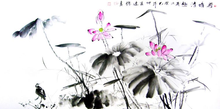 第一字画网的 国画荷塘清趣,是老画家覃连杰老师的四尺水墨作品,已经