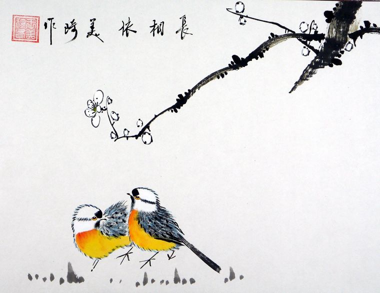 这幅写意花鸟画小品灵感十足,题字为长相依,如果放在画廊出售,王美琦