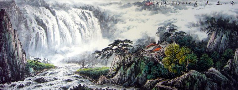 六尺瀑布山水画,画家刘智东小六尺瀑布山水作品,已